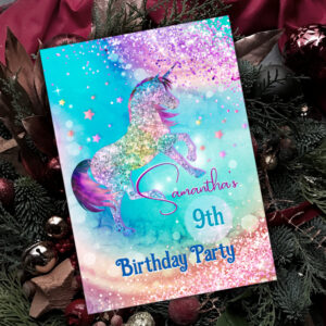 Cute unicorn pink aqua glitter any age birthday invitation