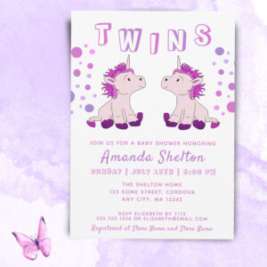 Cute Unicorn Twins 2 Baby Girls Baby Shower Invitation