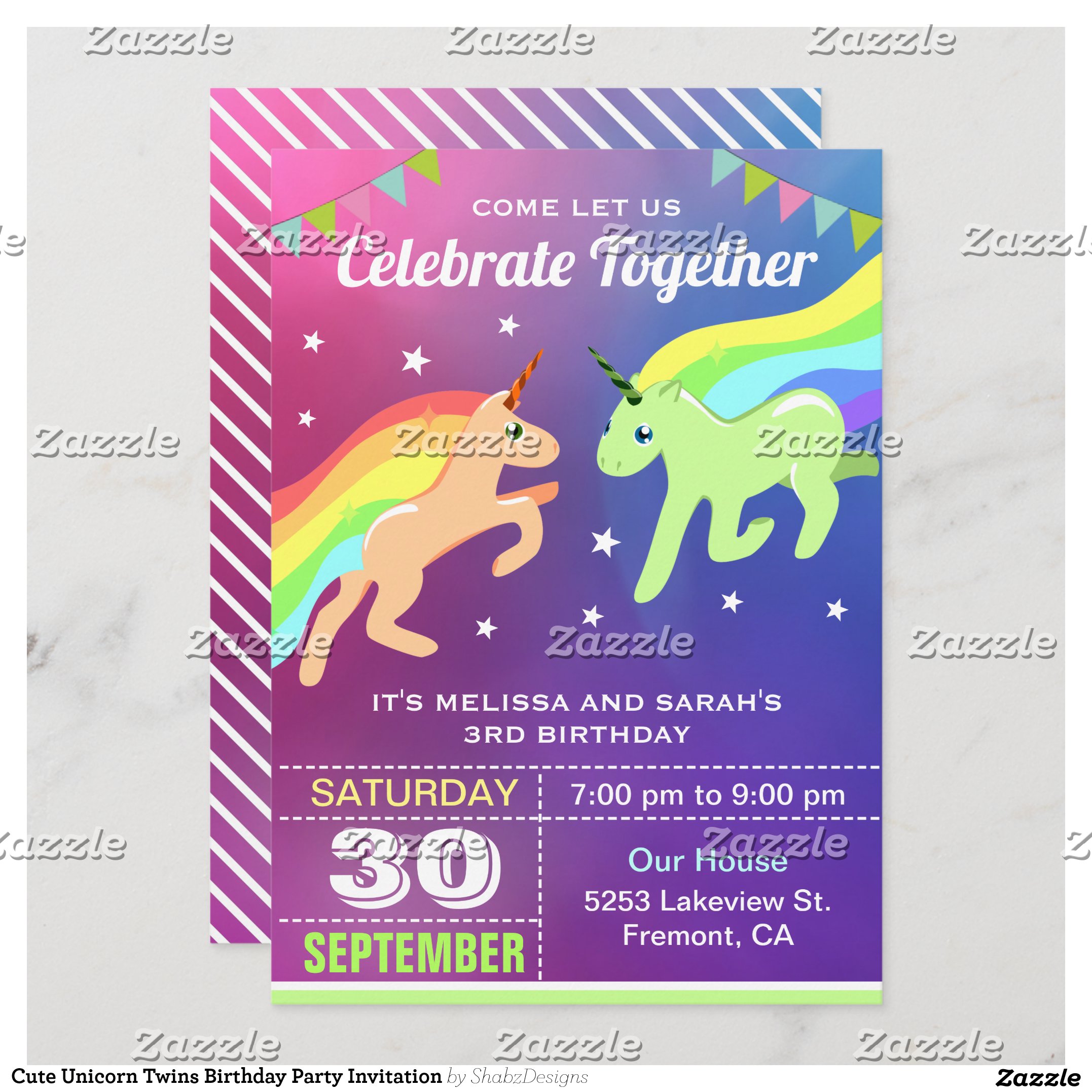 Cute Unicorn Twins Birthday Party Invitation