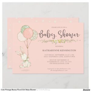 Cute Vintage Bunny Floral Girl Baby Shower Invitation
