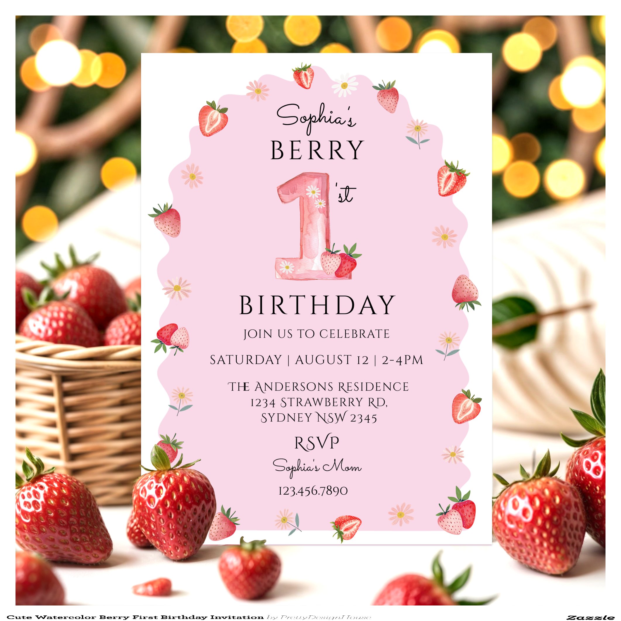 Cute Watercolor Berry First Birthday Invitation