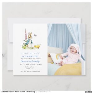 Cute Watercolor Peter Rabbit 1st birthday Invitation