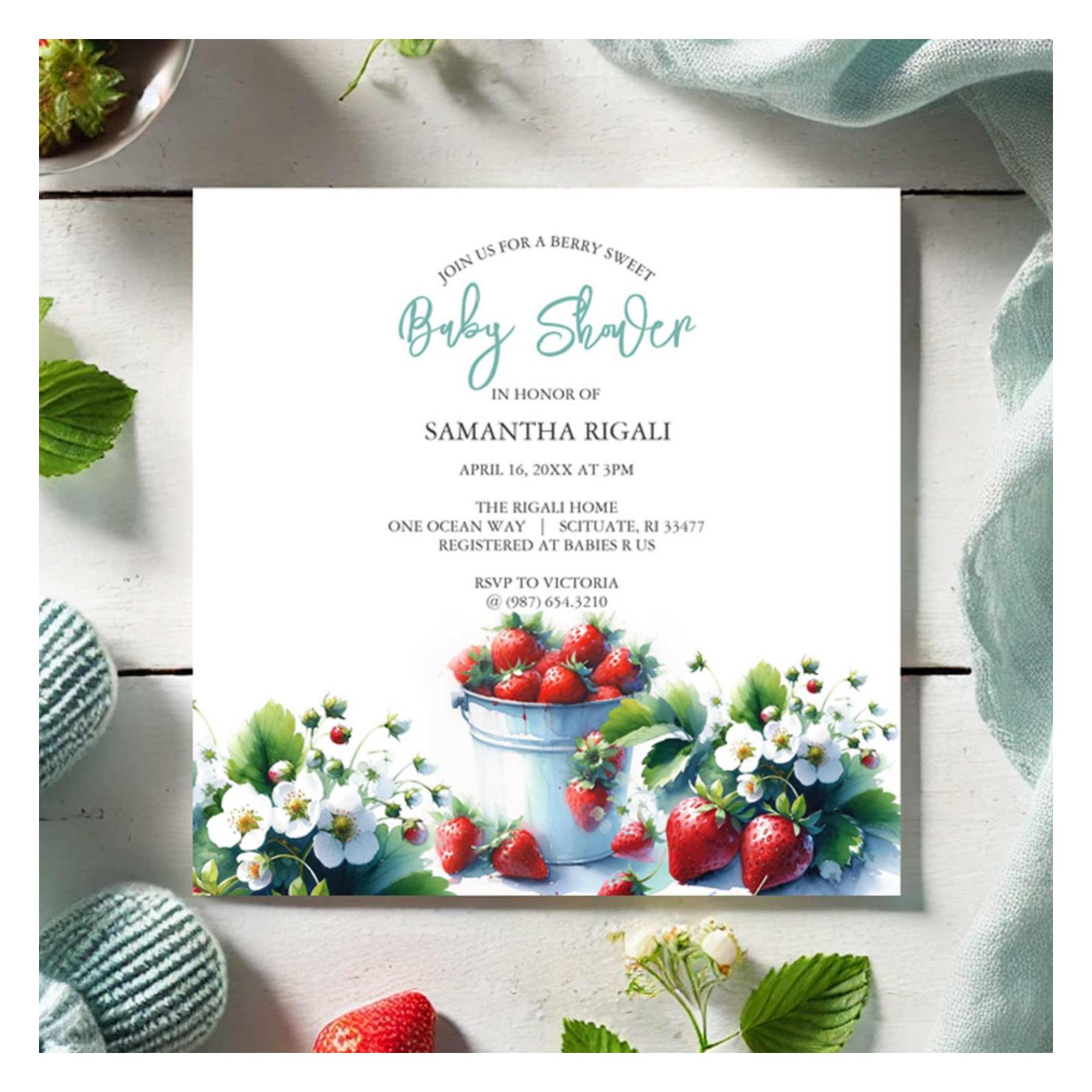 Cute Watercolor Strawberry Baby Shower Invitation