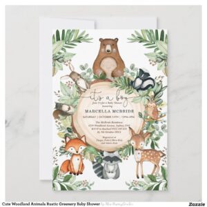 Cute Woodland Animals Rustic Greenery Baby Shower Invitation