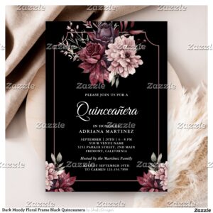 Dark Moody Floral Frame Black Quinceanera Invitation