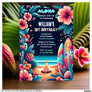 Day Joy hula Luau Surf Aloha Hawaiian 1st Birthday Invitation