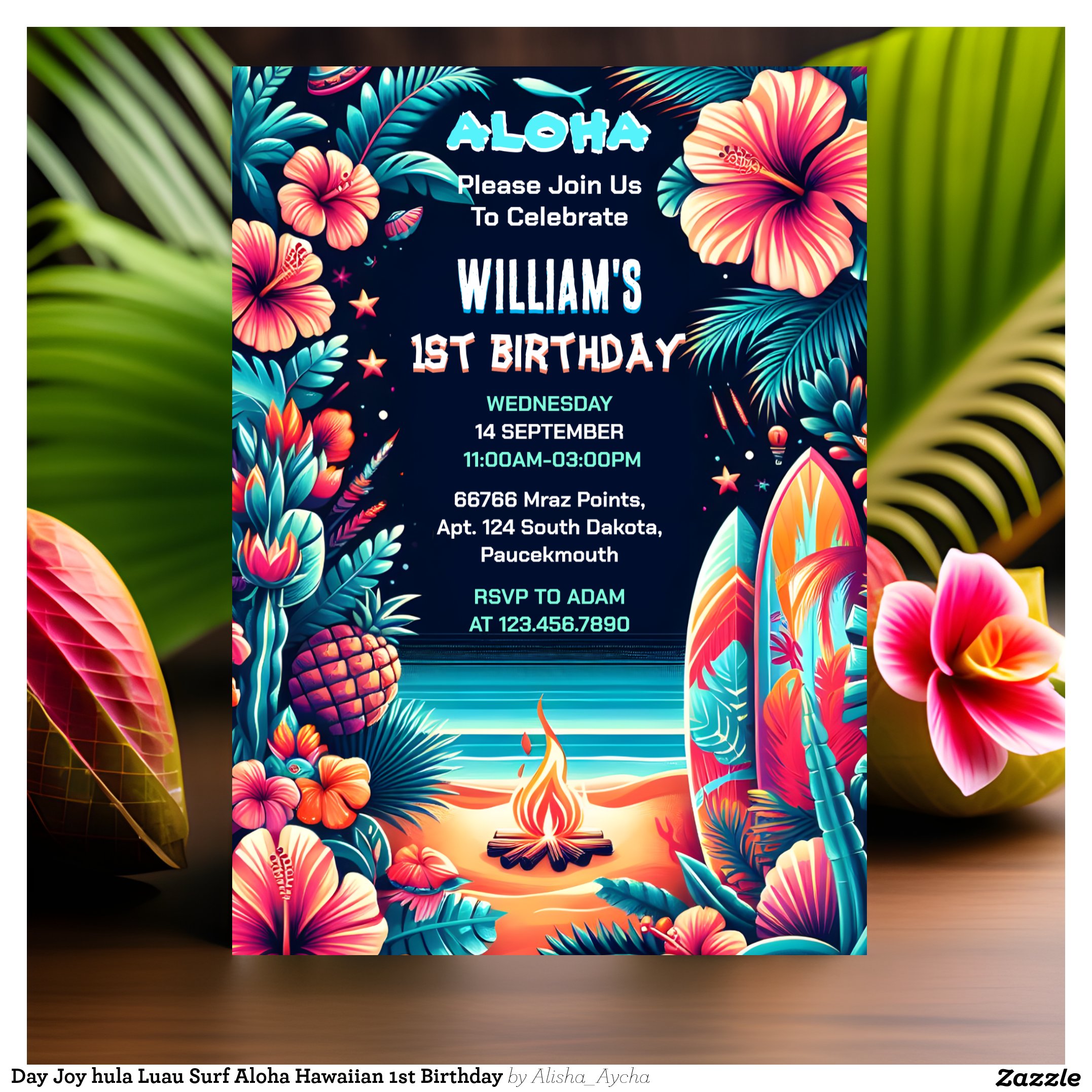 Day Joy hula Luau Surf Aloha Hawaiian 1st Birthday Invitation