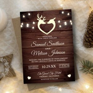 Deer Heart String Lights Rustic Wood Wedding Invitation