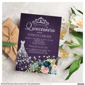 Diamond princess dress watercolor chic quinceanera invitation