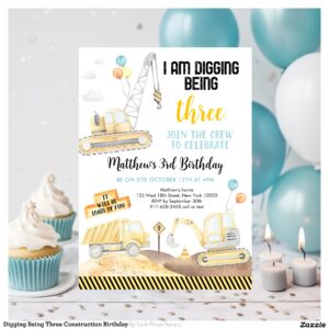 Digging Being Three Construction Birthday Invitation