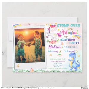 Dinosaur and Unicorn birthday invitation for two