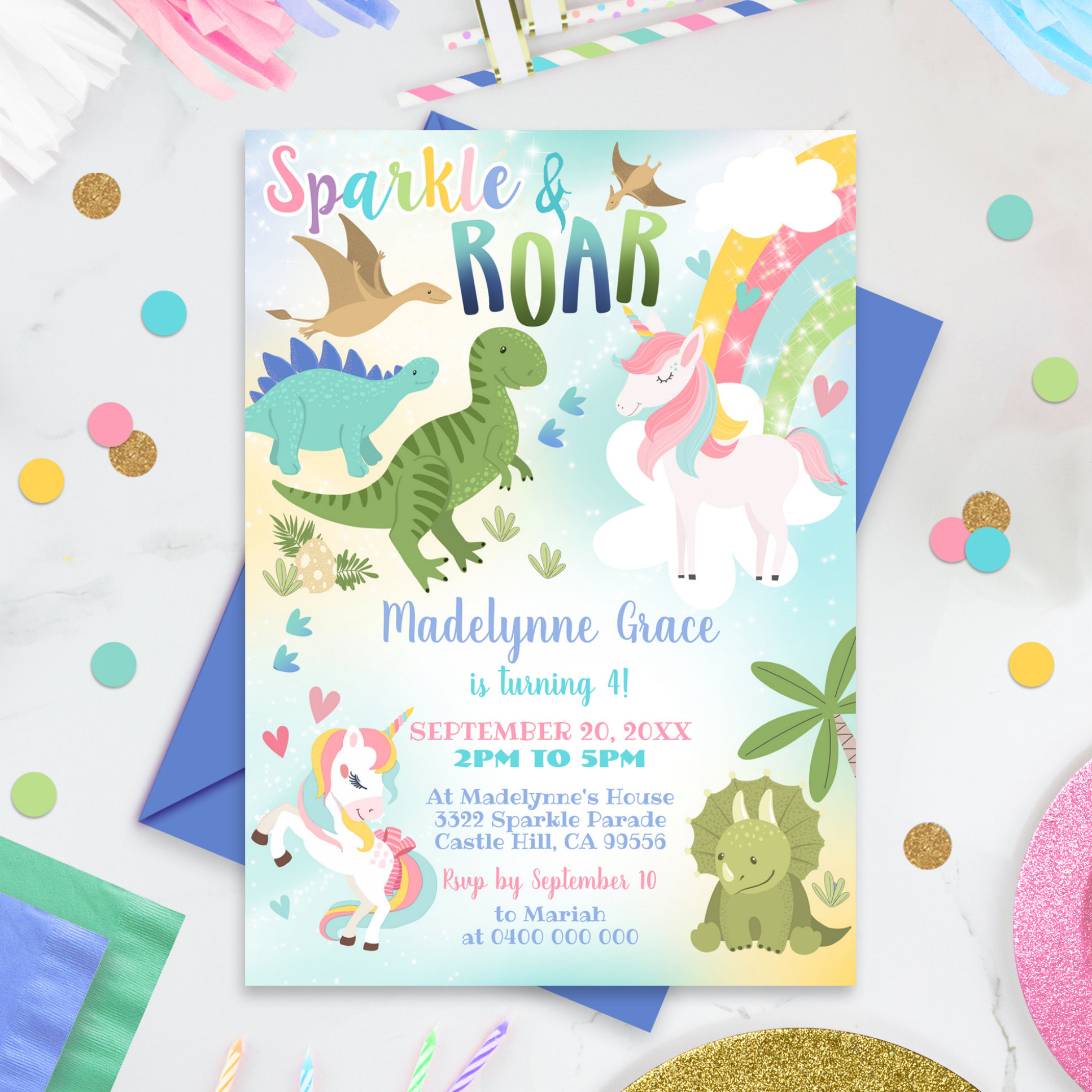 Dinosaur and Unicorn Invitation Boy Girl