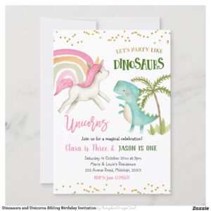 Dinosaurs and Unicorns Sibling Birthday Invitation
