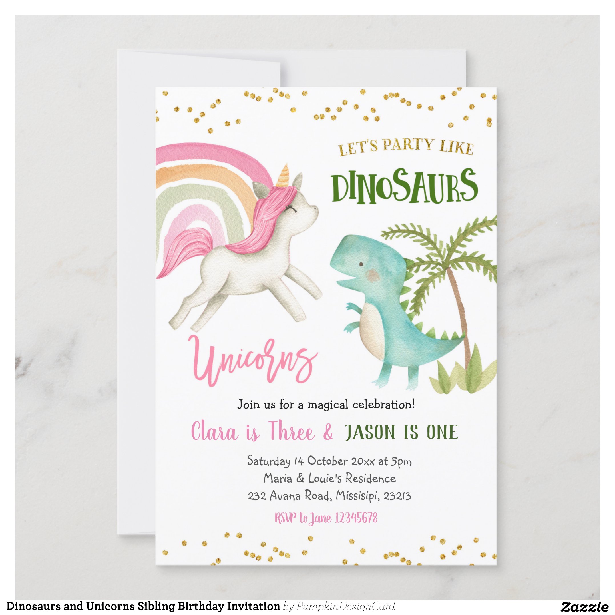 Dinosaurs and Unicorns Sibling Birthday Invitation