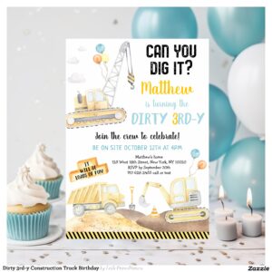 Dirty 3rd-y Construction Truck Birthday Invitation