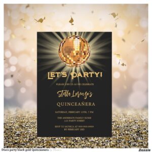 Disco party black gold Quinceanera Invitation