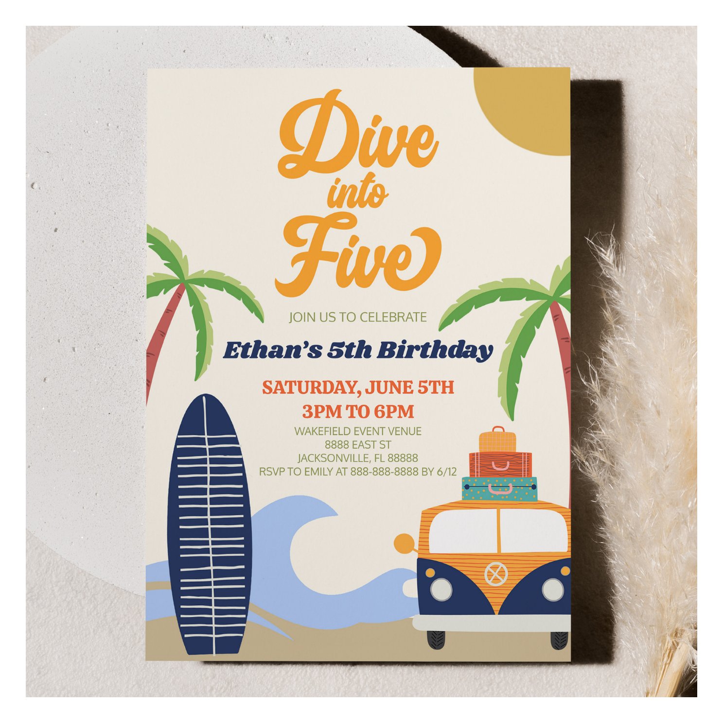 Dive Into Five Beach Surf Retro 5th Birthday Party Invitation
