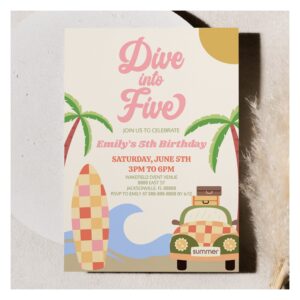 Dive Into Five Beach Surf Retro 5th Birthday Party Invitation