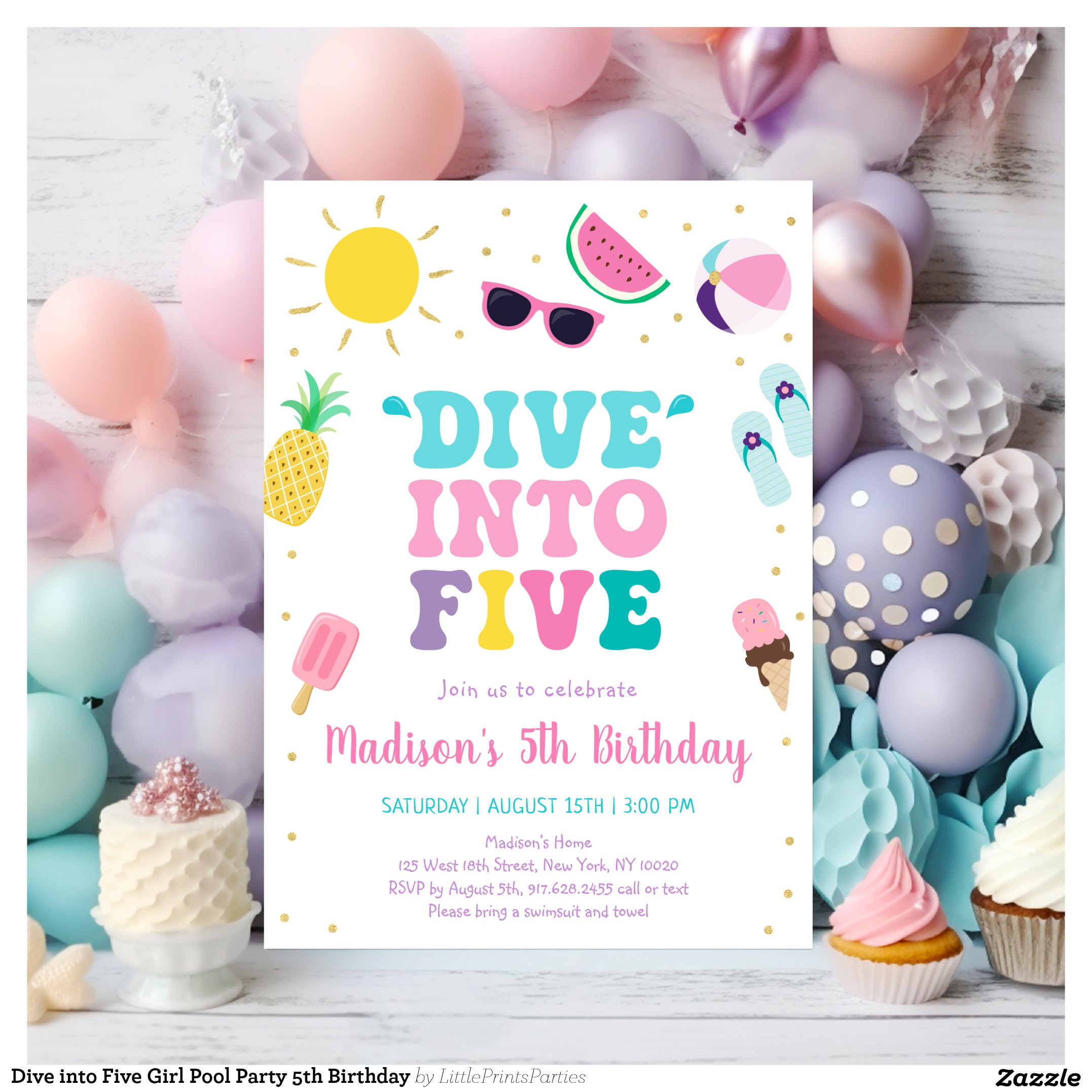 Dive into Five Girl Pool Party 5th Birthday Invitation
