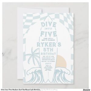 Dive Into Five Modern Surf Surfboard 5th Birthday Invitation