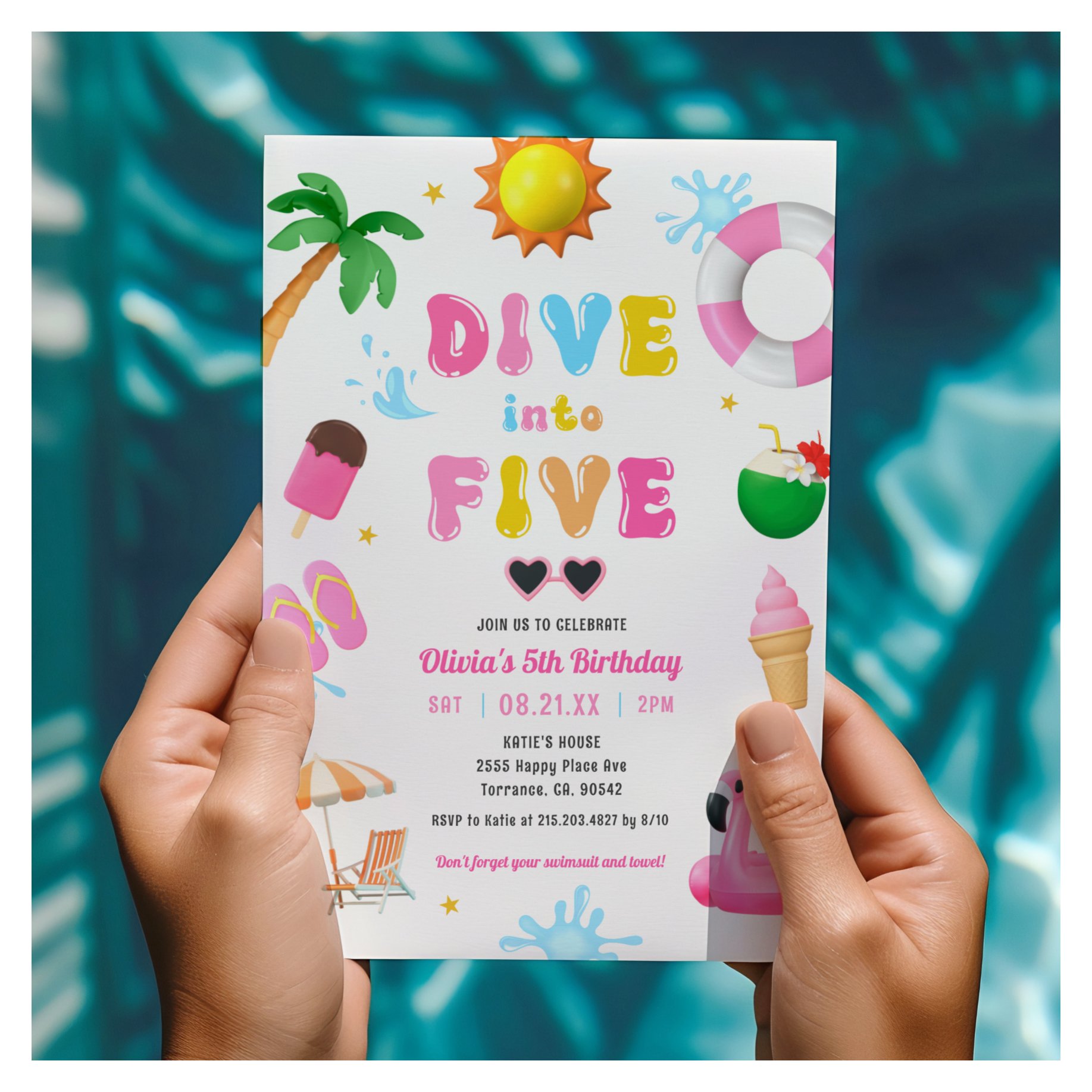 Dive into Five Pool Party Girl 5th Birthday Party Invitation
