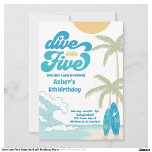 Dive Into Five Retro Surf 5th Birthday Party Invitation