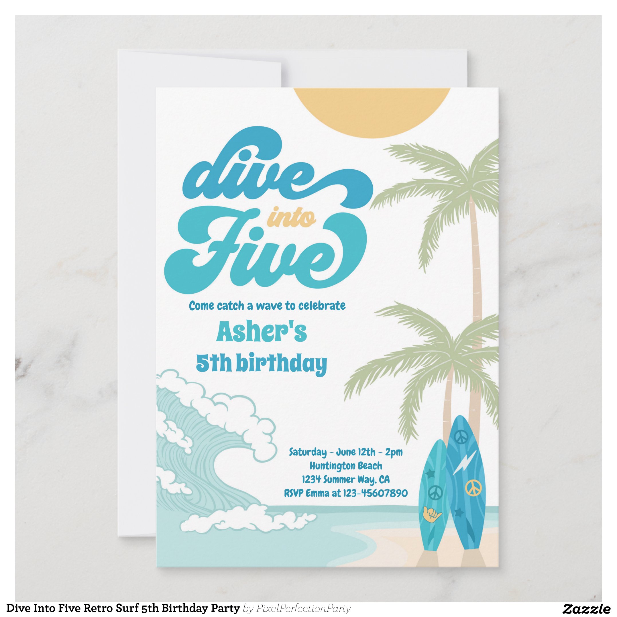 Dive Into Five Retro Surf 5th Birthday Party Invitation