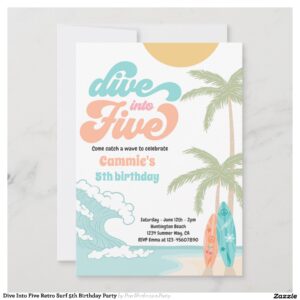 Dive Into Five Retro Surf 5th Birthday Party Invitation
