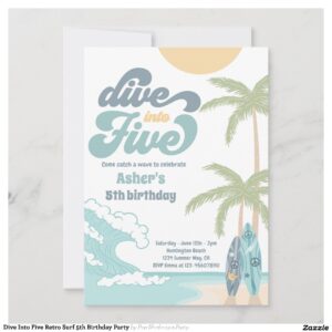 Dive Into Five Retro Surf 5th Birthday Party Invitation
