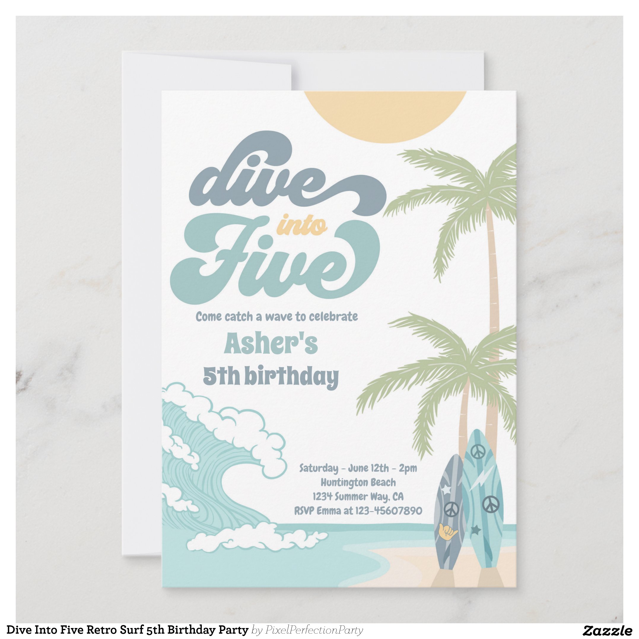 Dive Into Five Retro Surf 5th Birthday Party Invitation