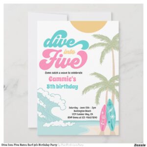 Dive Into Five Retro Surf 5th Birthday Party Invitation