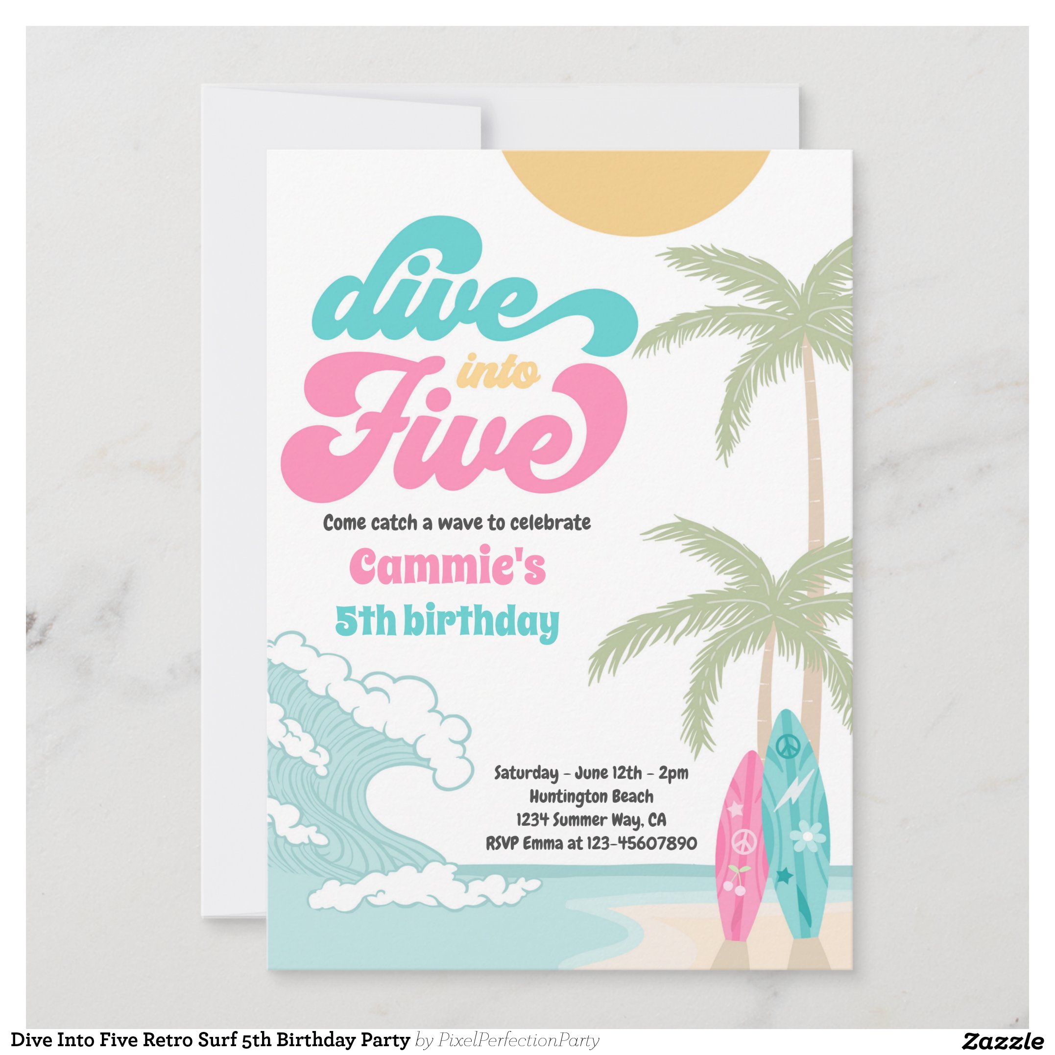 Dive Into Five Retro Surf 5th Birthday Party Invitation