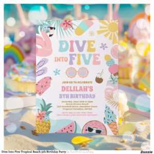 Dive Into Five Tropical Beach 5th Birthday Party Invitation