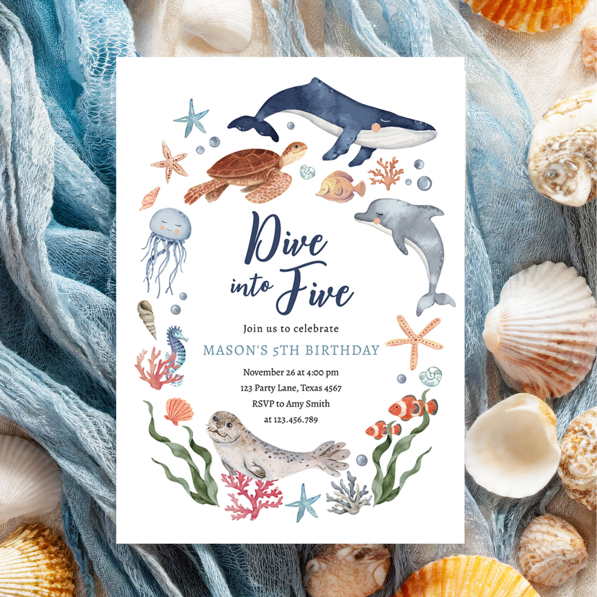 Dive into Five Under the Sea Nautical 5th Birthday Invitation