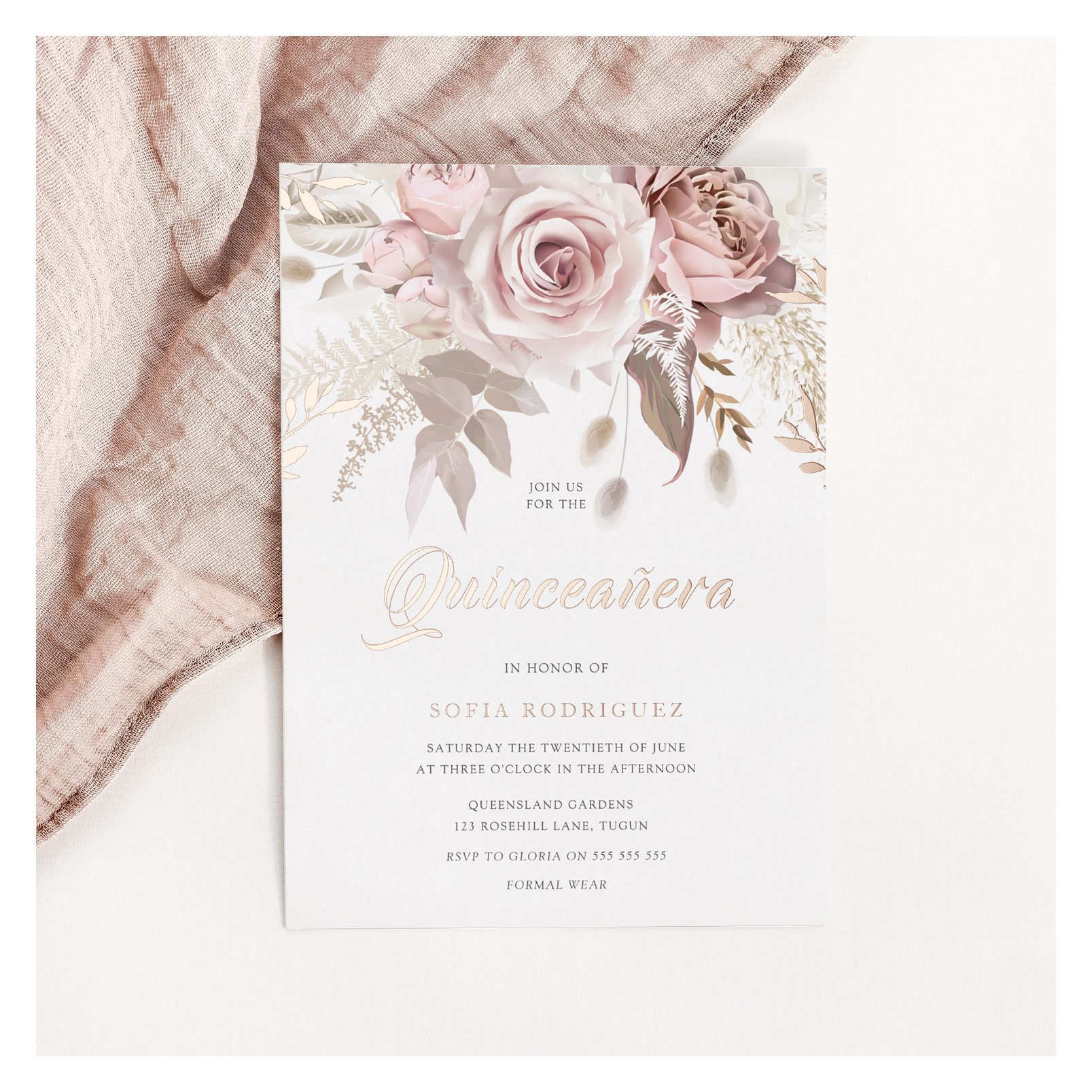 Divine Rose Gold Blush Floral Quinceanera Foil Invitation