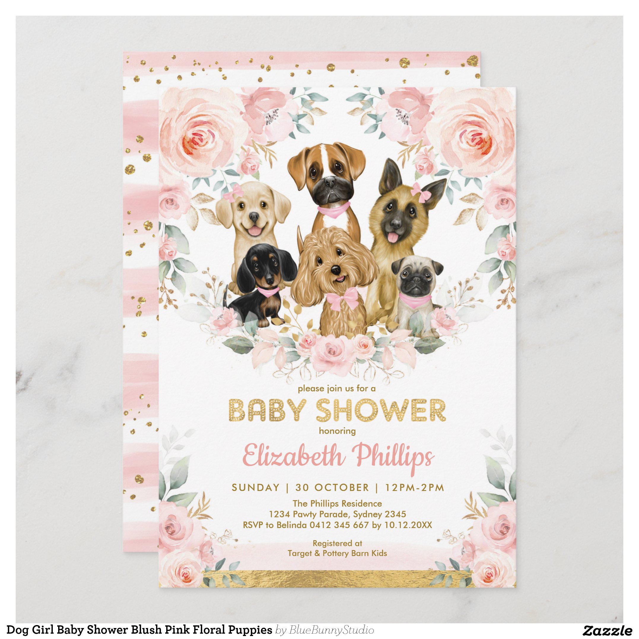 Dog Girl Baby Shower Blush Pink Floral Puppies Invitation