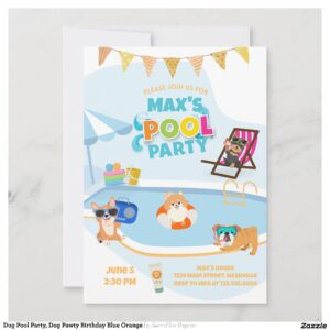 Dog Pool Party, Dog Pawty Birthday Blue Orange Invitation