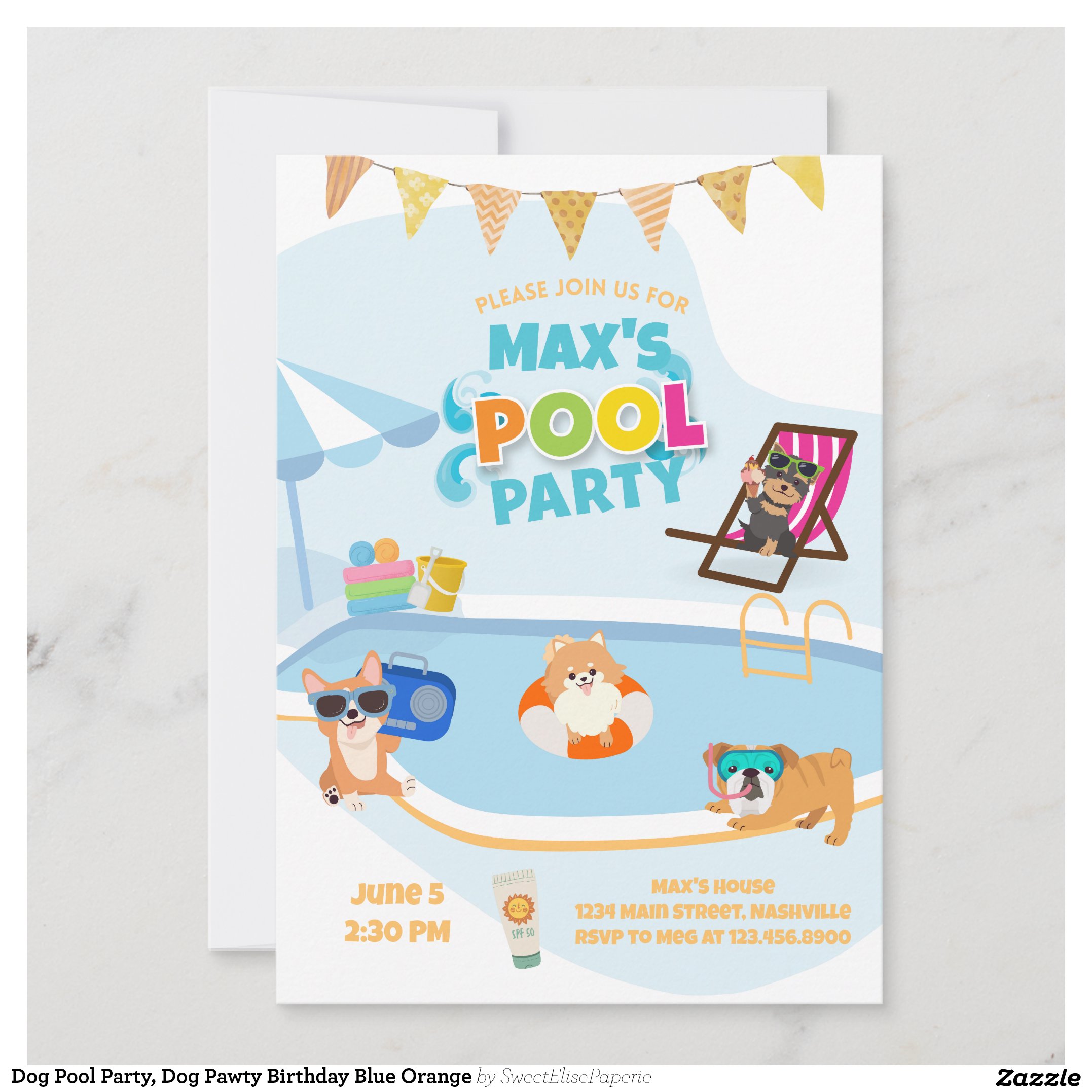 Dog Pool Party, Dog Pawty Birthday Blue Orange Invitation