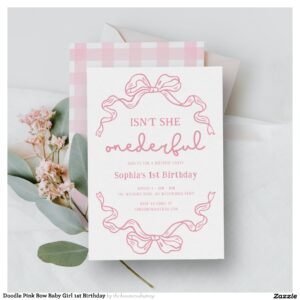 Doodle Pink Bow Baby Girl 1st Birthday Invitation