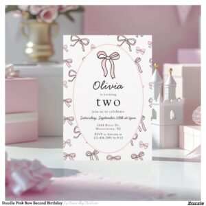 Doodle Pink Bow Second Birthday Invitation