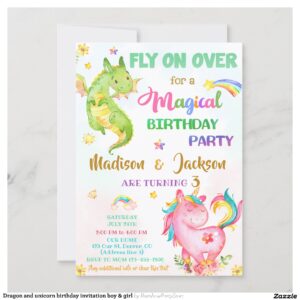 Dragon and unicorn birthday invitation boy & girl