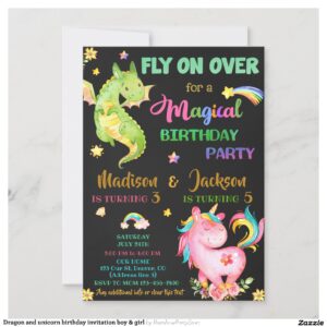 Dragon and unicorn birthday invitation boy & girl