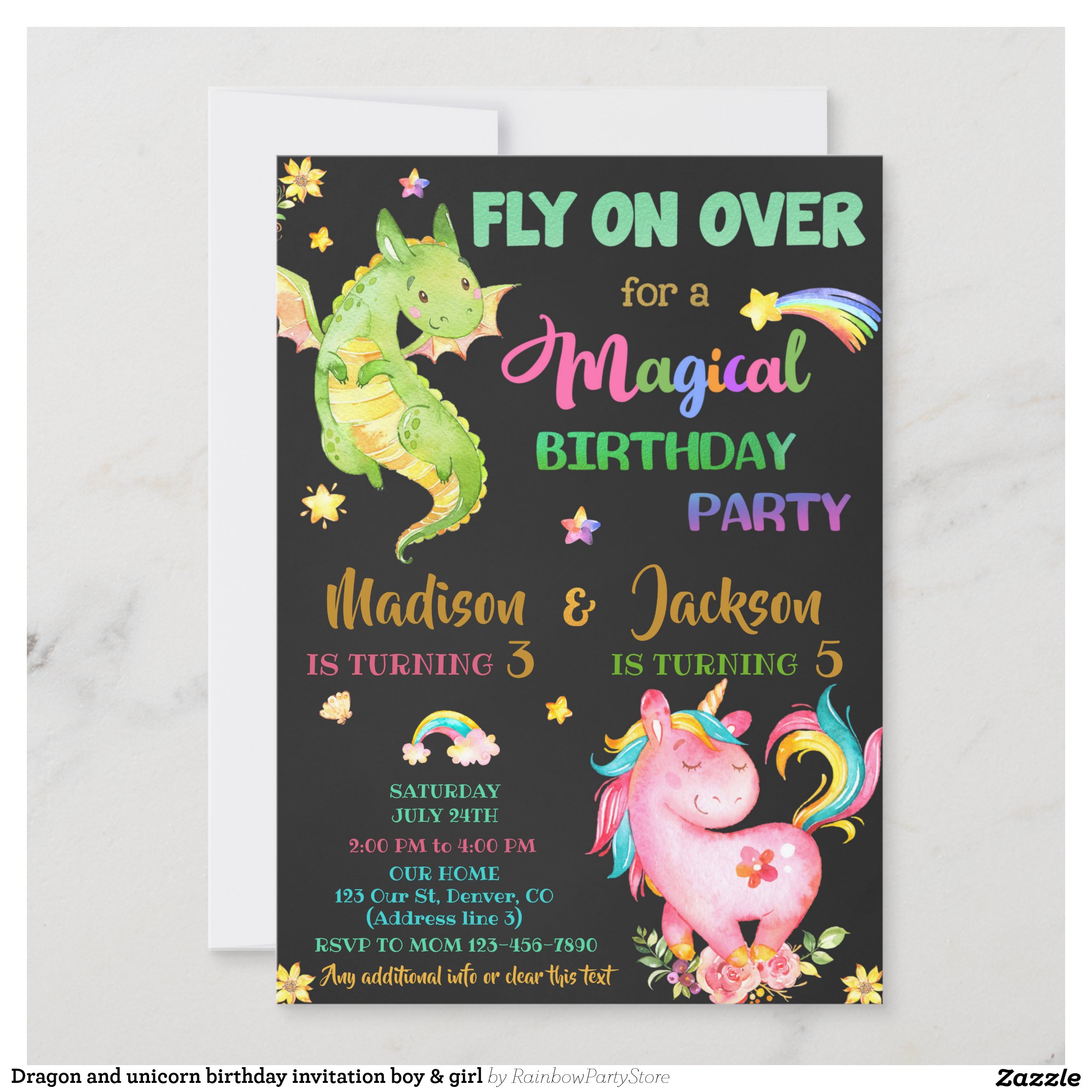 Dragon and unicorn birthday invitation boy & girl