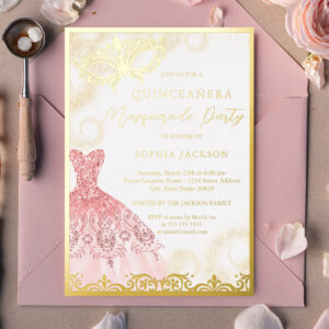 Dress Gold Pink Masquerade Party Quinceanera Foil Invitation