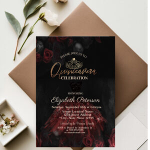 Dress,Tiara,Red Roses Quincea?era Invitation