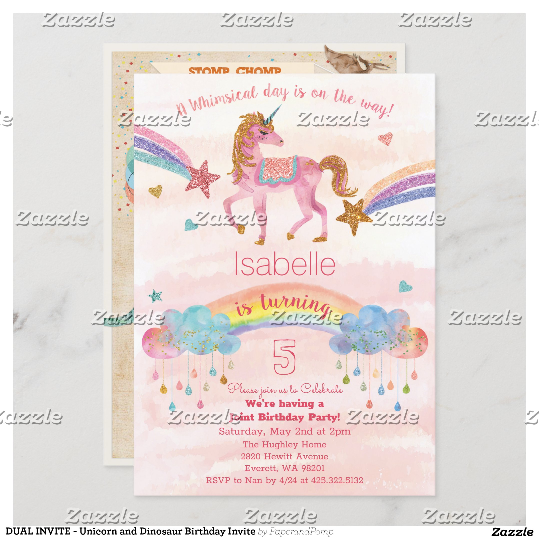DUAL INVITE - Unicorn and Dinosaur Birthday Invite