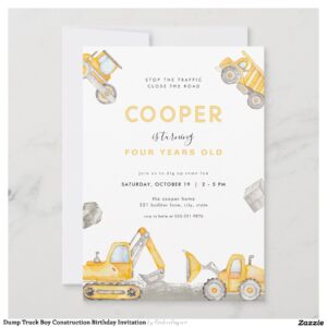 Dump Truck Boy Construction Birthday Invitation