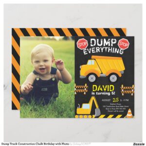 Dump Truck Construction Chalk Birthday with Photo Invitation