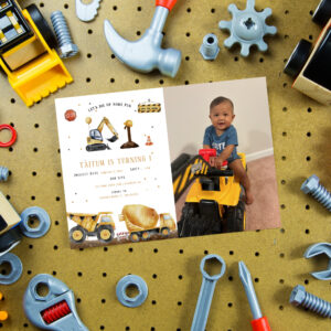 Dump Truck & Digger Kids Construction Birthday Invitation