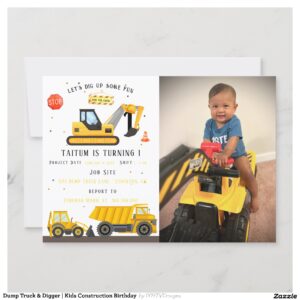 Dump Truck & Digger Kids Construction Birthday Invitation